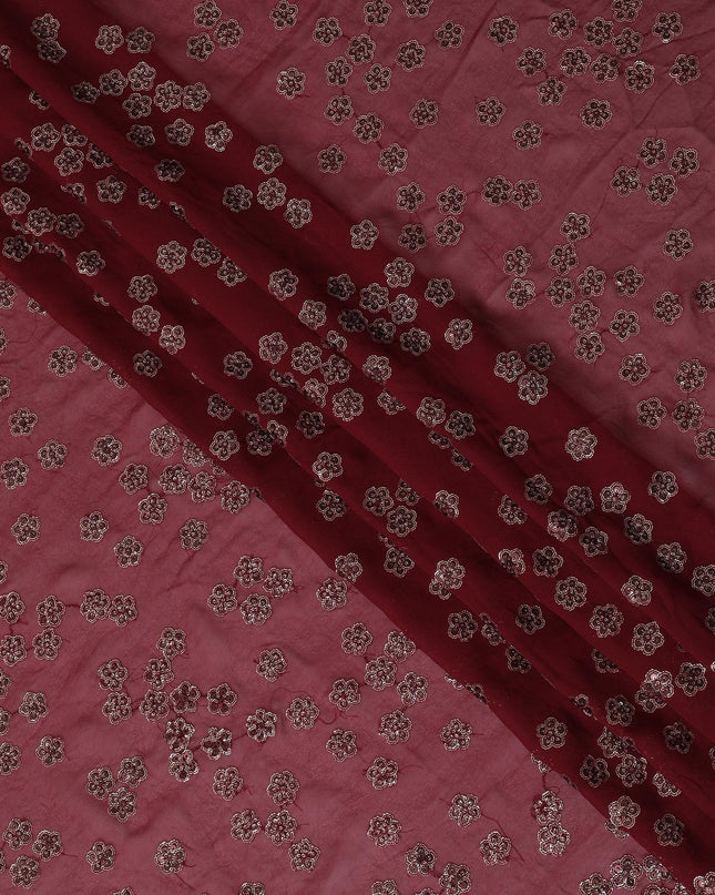 Barn red synthetic georgette fabric with gold and black sequins in floral design-D15817