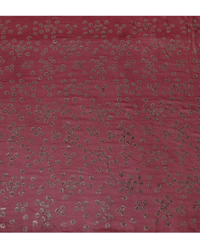 Barn red synthetic georgette fabric with gold and black sequins in floral design-D15817