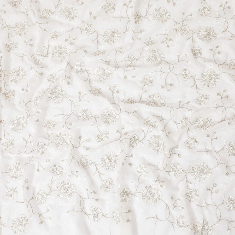 Off white synthetic georgette fabric with same tone and gold embroidery in floral design-D15820 Regal Fabrics