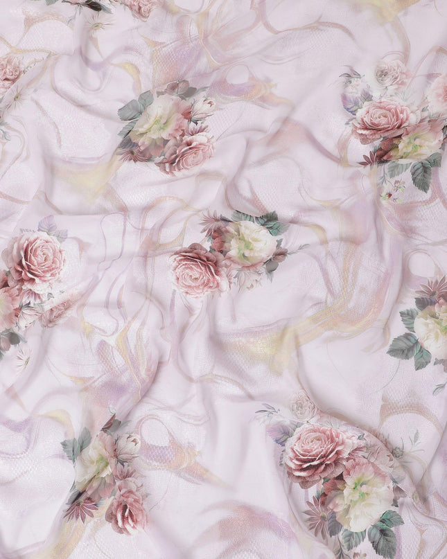 Light pink synthetic chiffon fabric with same tone jacquard having multicolor print in floral design-D15823