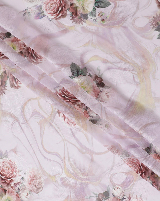 Light pink synthetic chiffon fabric with same tone jacquard having multicolor print in floral design-D15823