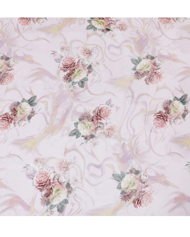 Light pink synthetic chiffon fabric with same tone jacquard having multicolor print in floral design-D15823