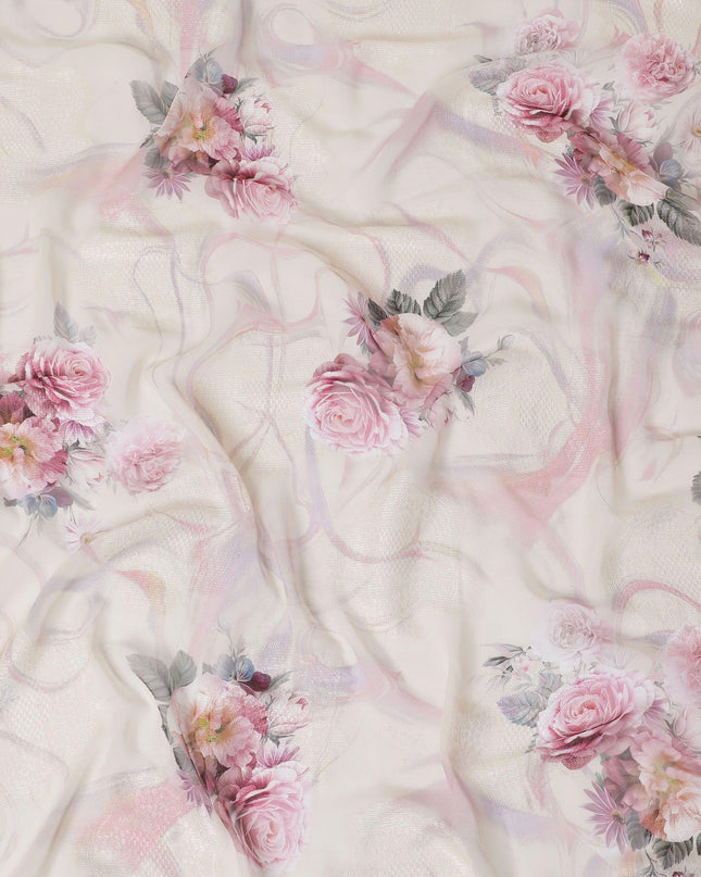 Light gold synthetic chiffon fabric with same tone jacquard having multicolor print in floral design-D15824