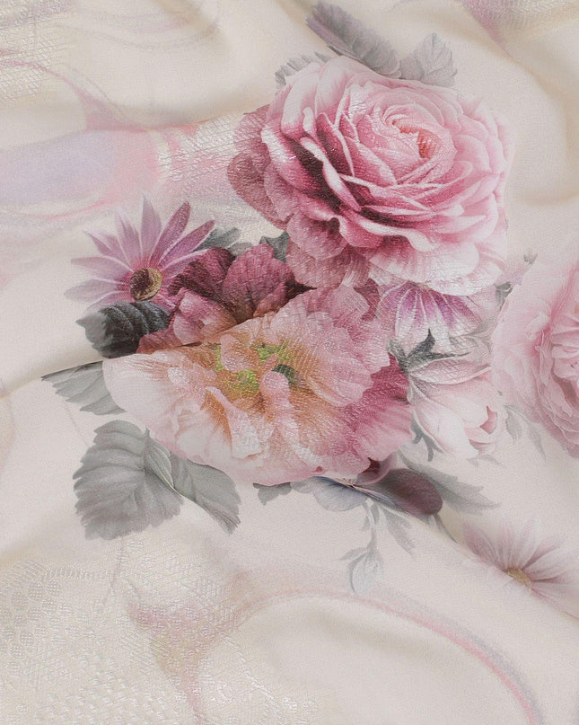 Light gold synthetic chiffon fabric with same tone jacquard having multicolor print in floral design-D15824