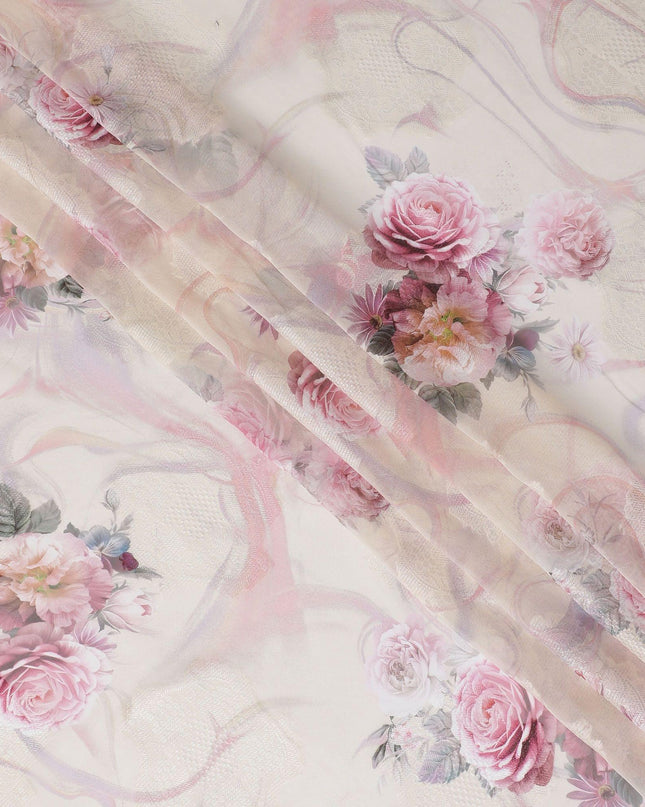 Light gold synthetic chiffon fabric with same tone jacquard having multicolor print in floral design-D15824