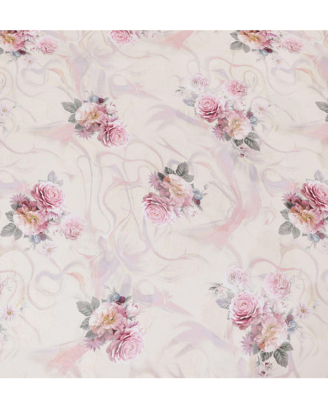 Light gold synthetic chiffon fabric with same tone jacquard having multicolor print in floral design-D15824