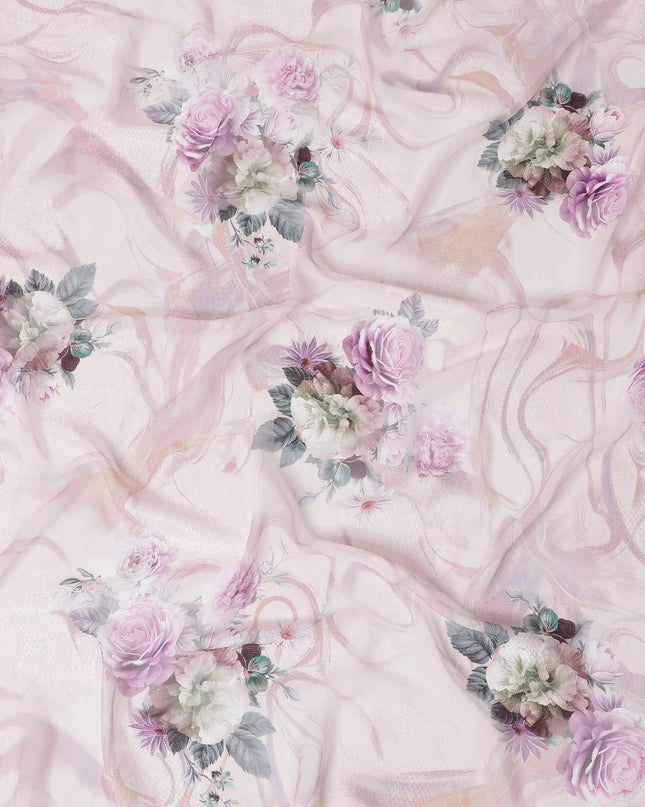 Salmon pink synthetic chiffon fabric with same tone jacquard having multicolor print in floral design-D15825 Regal Fabrics