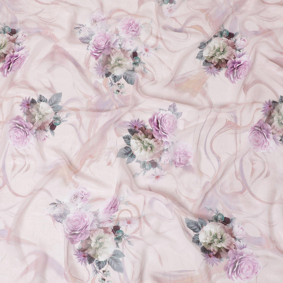 قماش شيفون صناعي وردي السلمون مع نفس لون الجاكار مع طباعة متعددة الألوان بتصميم الأزهار-D15825