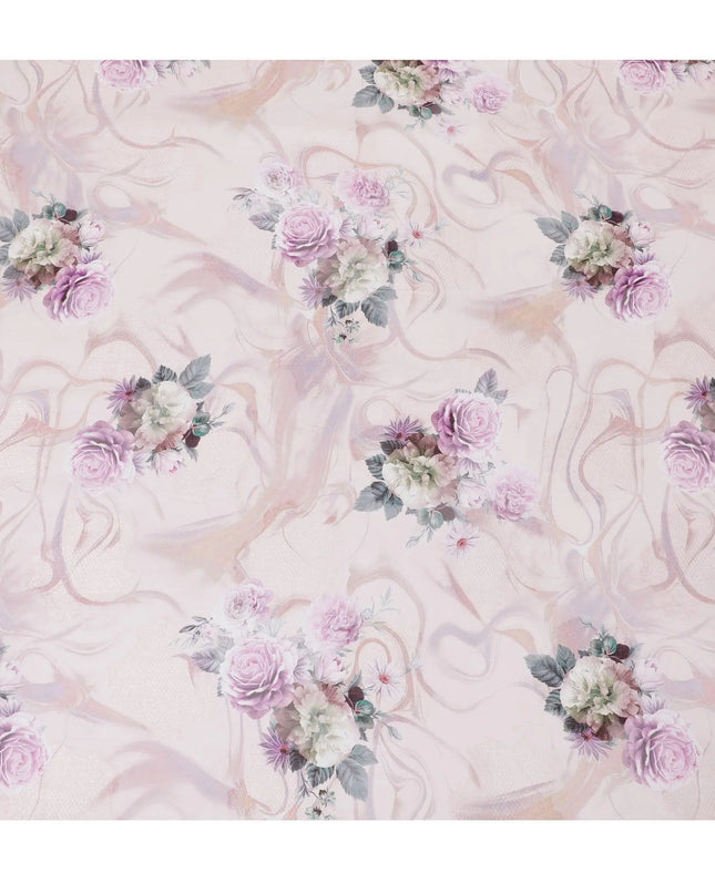 Salmon pink synthetic chiffon fabric with same tone jacquard having multicolor print in floral design-D15825 Regal Fabrics