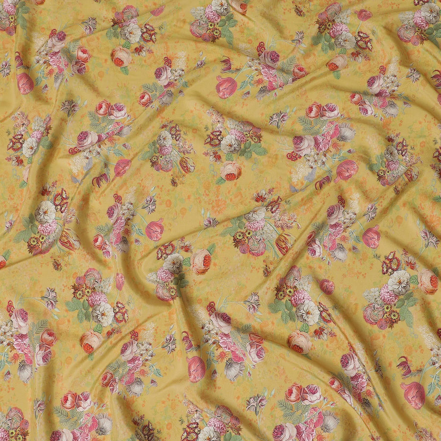 نسيج قطن فيسكوز أصفر خردل مع طباعة متعددة الألوان بتصميم زهور-D15830