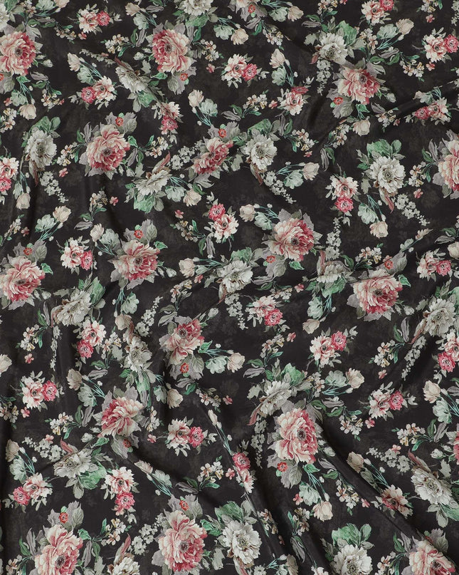 Black viscose cotton fabric with multicolor print in floral design-D15834