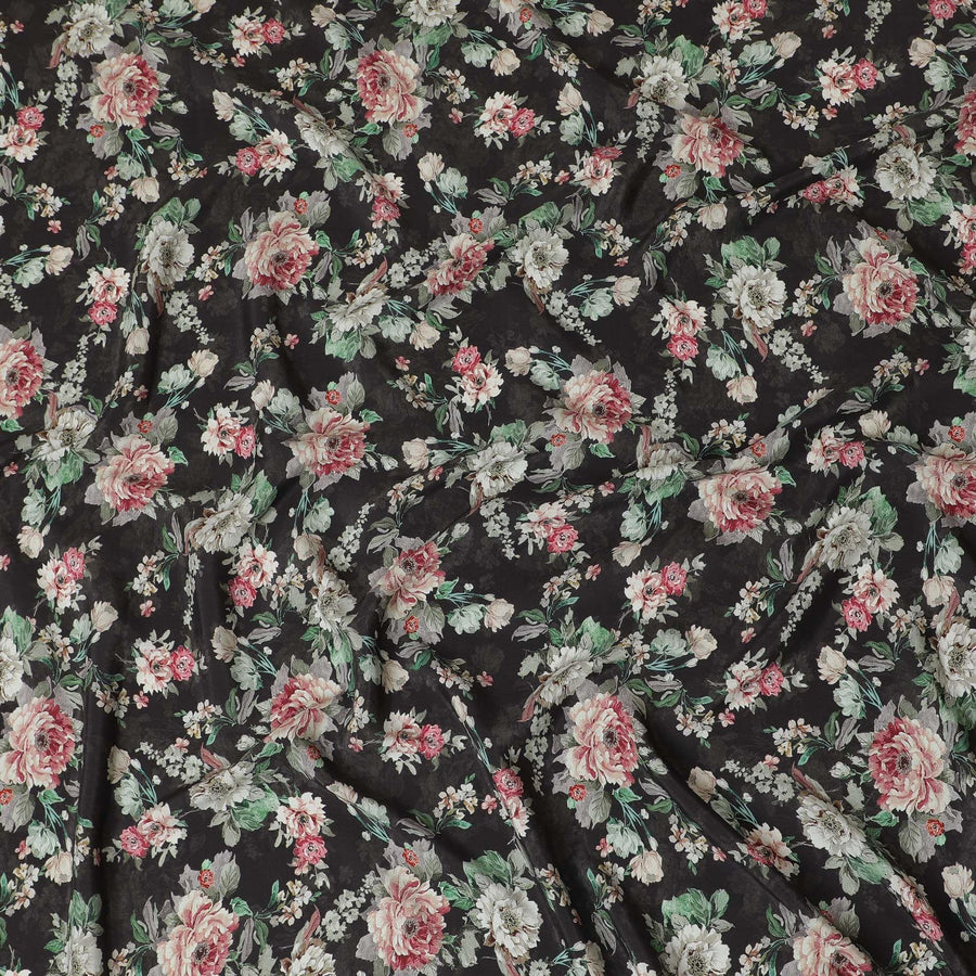 Black viscose cotton fabric with multicolor print in floral design-D15834