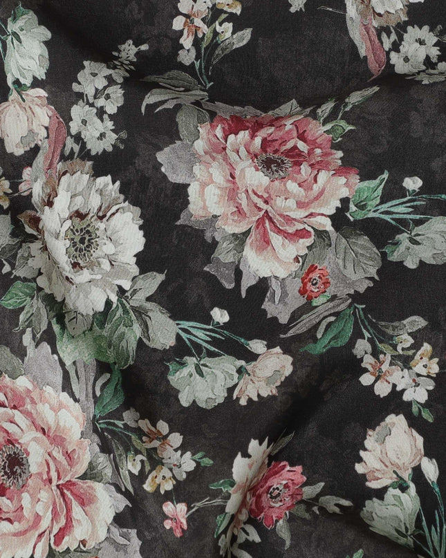 Black viscose cotton fabric with multicolor print in floral design-D15834