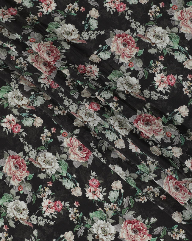 Black viscose cotton fabric with multicolor print in floral design-D15834
