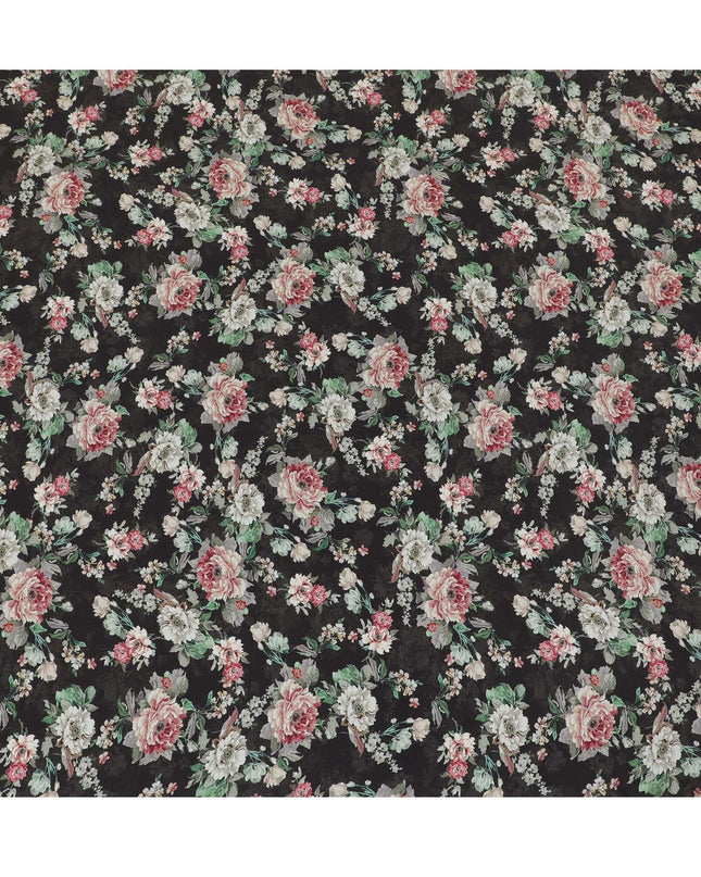 Black viscose cotton fabric with multicolor print in floral design-D15834