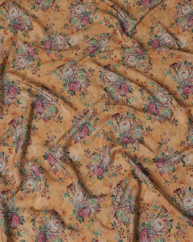 نسيج قطن فيسكوز بني مع طباعة متعددة الألوان بتصميم زهور-D15835