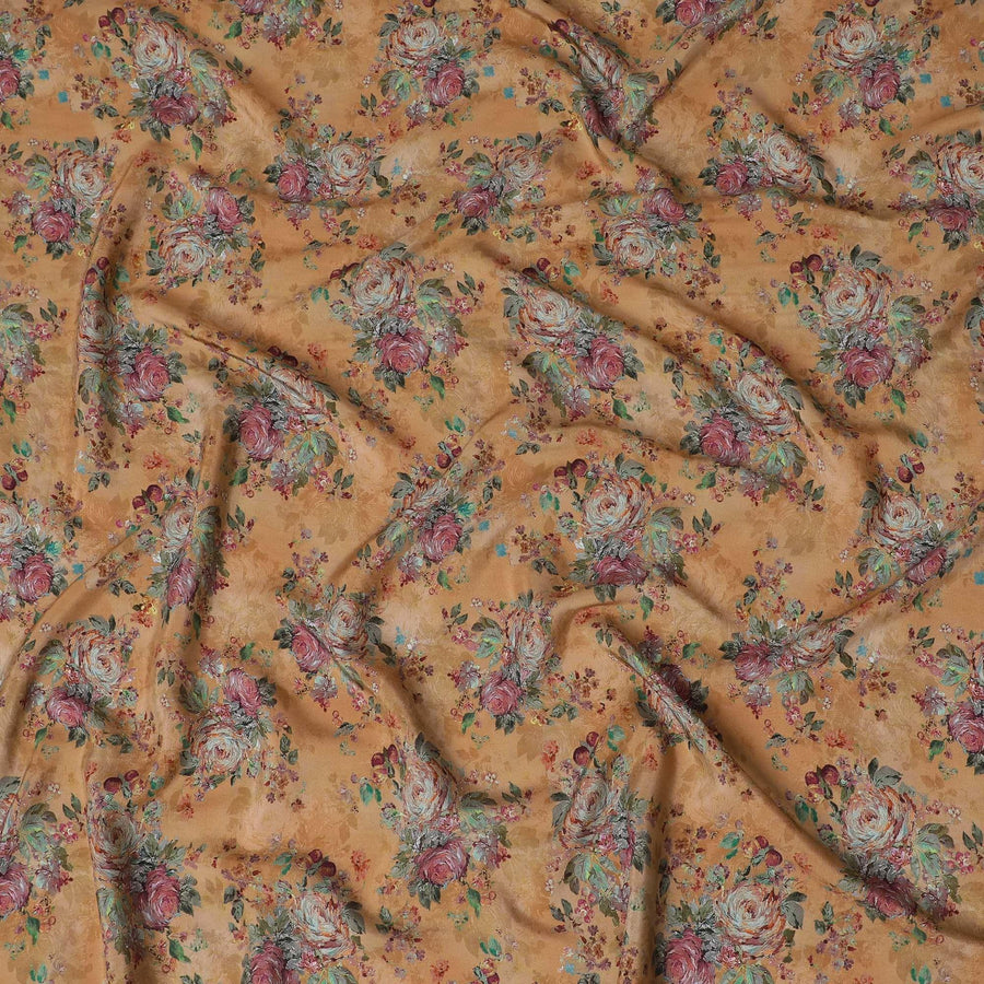Brown viscose cotton fabric with multicolor print in floral design-D15835