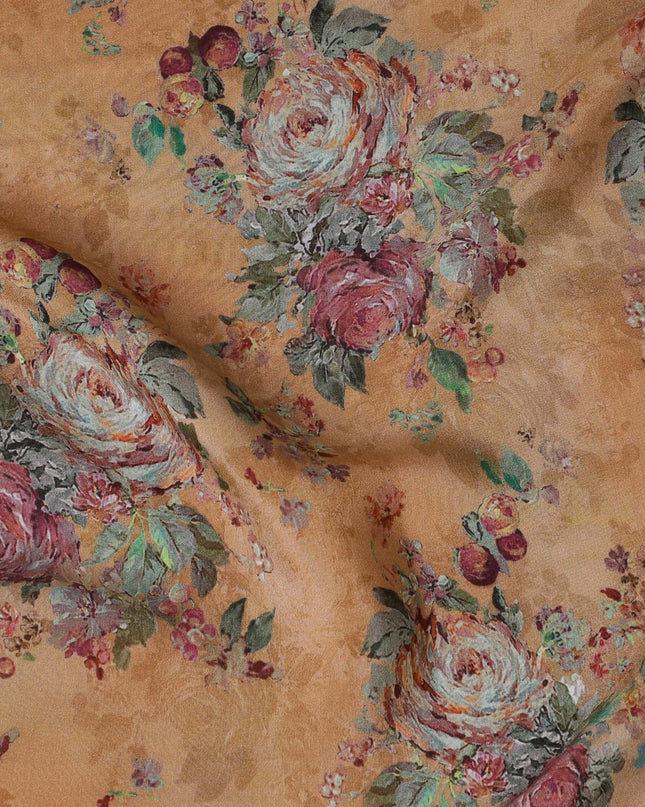 نسيج قطن فيسكوز بني مع طباعة متعددة الألوان بتصميم زهور-D15835