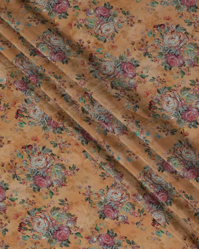 نسيج قطن فيسكوز بني مع طباعة متعددة الألوان بتصميم زهور-D15835
