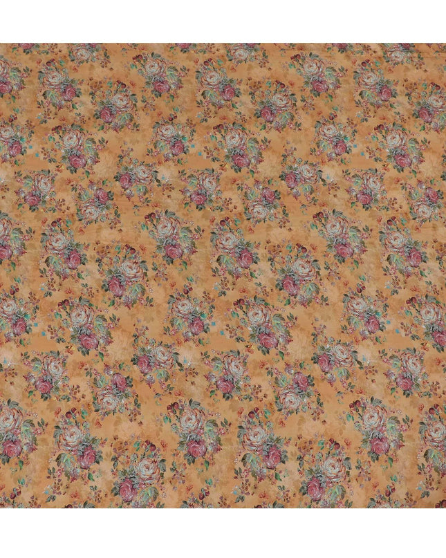 نسيج قطن فيسكوز بني مع طباعة متعددة الألوان بتصميم زهور-D15835