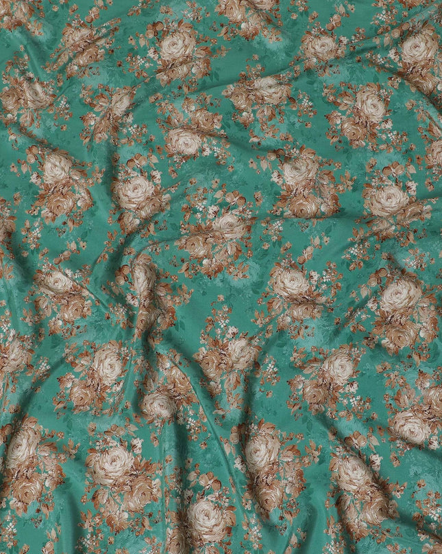 Jade green viscose cotton fabric with multicolor print in floral design-D15836