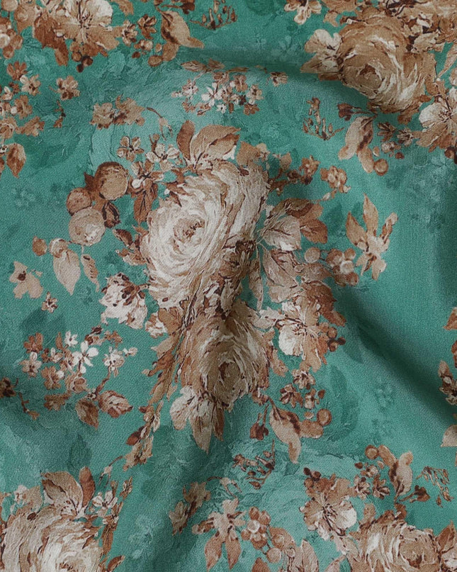 Jade green viscose cotton fabric with multicolor print in floral design-D15836