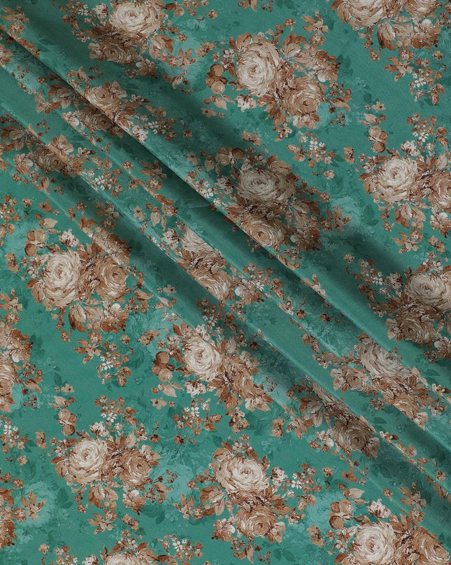 Jade green viscose cotton fabric with multicolor print in floral design-D15836