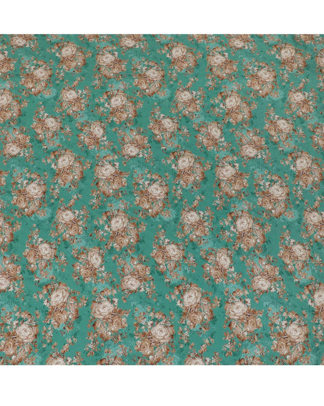 Jade green viscose cotton fabric with multicolor print in floral design-D15836