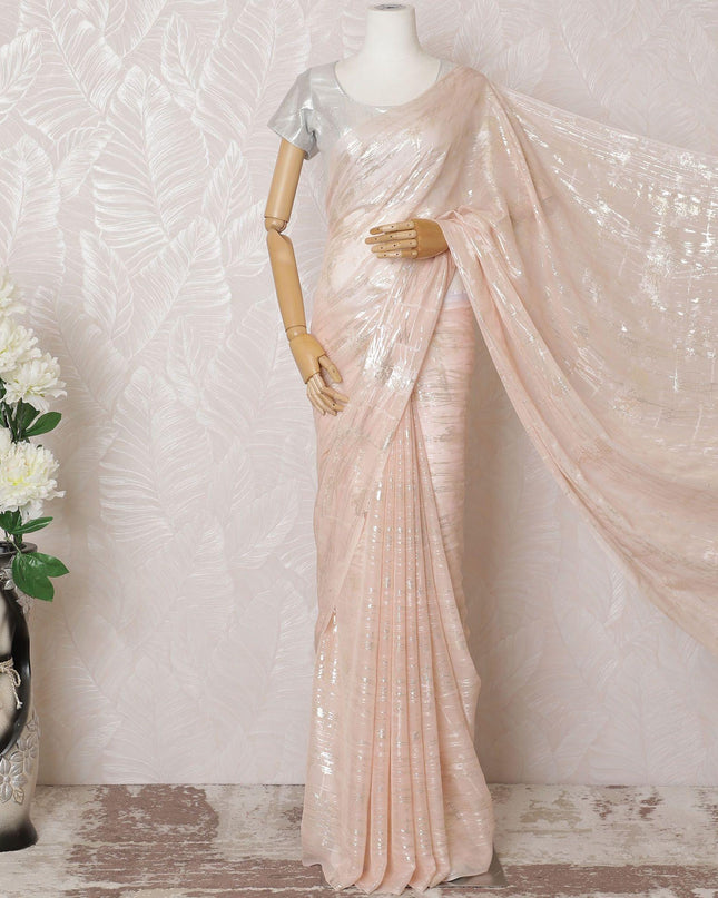 Powder pink Premium pure silk chiffon saree with gold and silver metallic lurex in abstract design-D16121