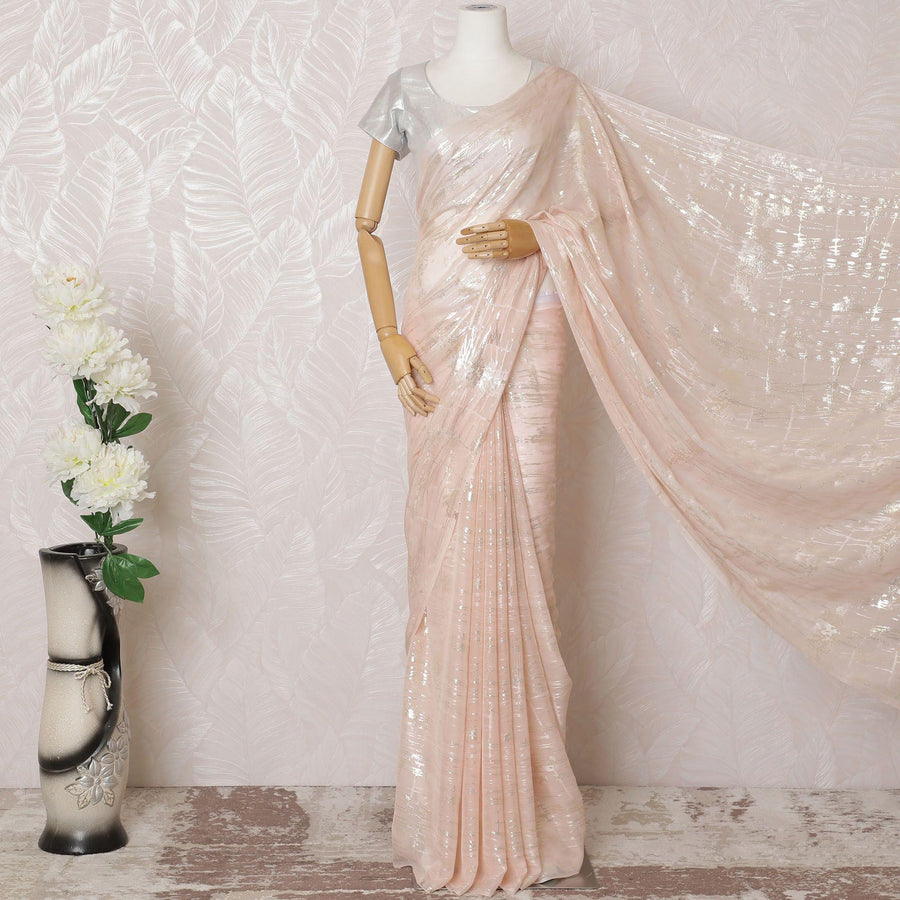 Powder pink Premium pure silk chiffon saree with gold and silver metallic lurex in abstract design-D16121