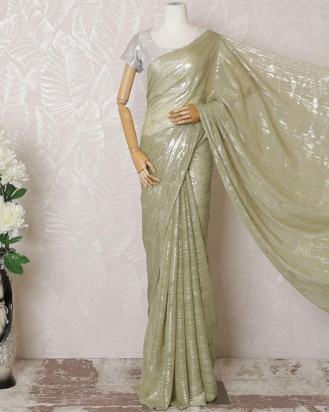 Sage green Premium pure silk chiffon saree with gold and silver metallic lurex in abstract design-D16123