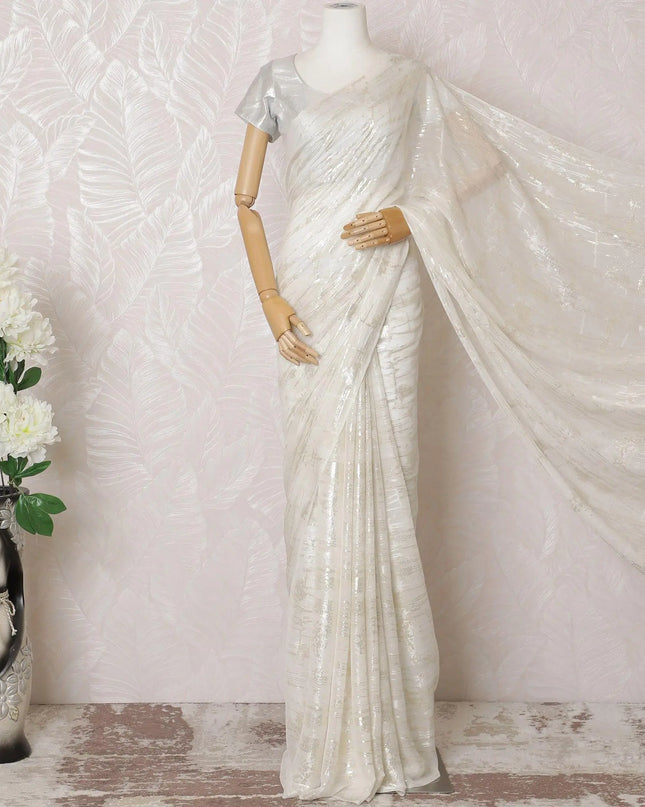 Off white Premium pure silk chiffon saree with gold and silver metallic lurex in abstract design-D16124 Regal Fabrics