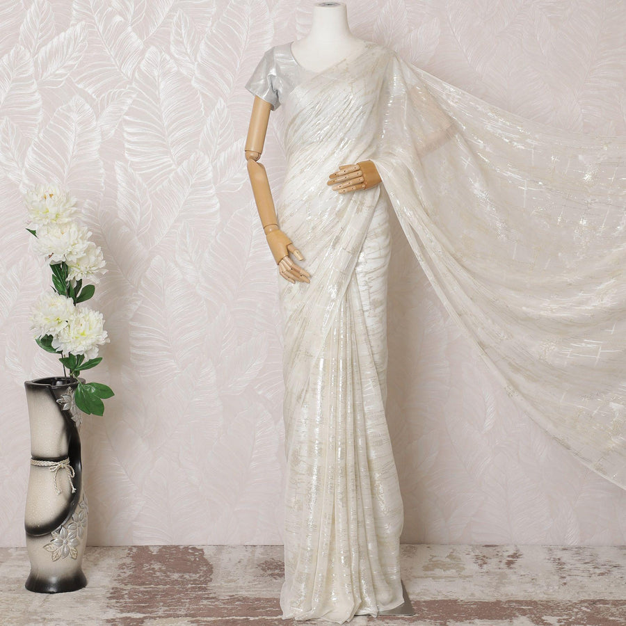 Off white Premium pure silk chiffon saree with gold and silver metallic lurex in abstract design-D16124