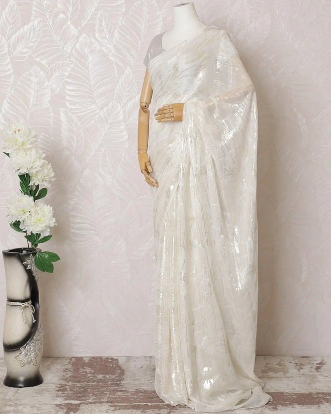 Off white Premium pure silk chiffon saree with gold and silver metallic lurex in abstract design-D16124 Regal Fabrics