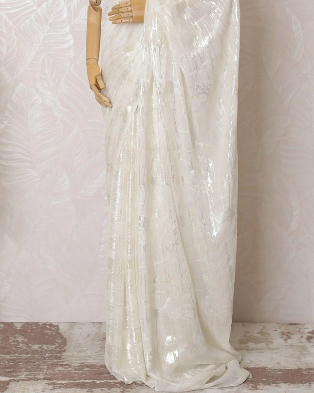 Off white Premium pure silk chiffon saree with gold and silver metallic lurex in abstract design-D16124 Regal Fabrics