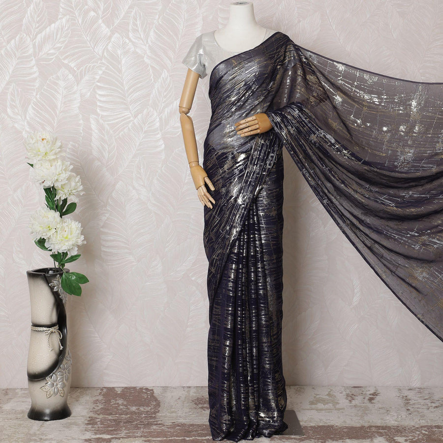 Navy blue Premium pure silk chiffon saree with gold and silver metallic lurex in abstract design-D16125