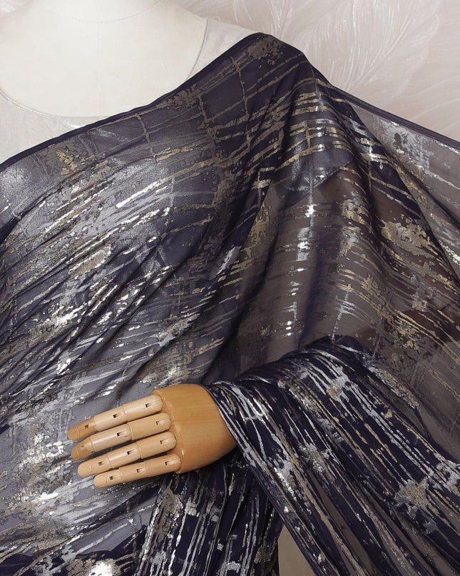 Navy blue Premium pure silk chiffon saree with gold and silver metallic lurex in abstract design-D16125