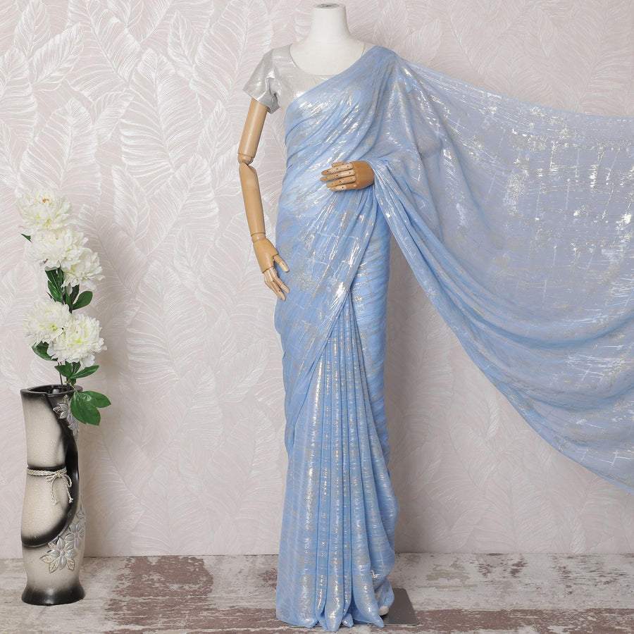 Powder blue Premium pure silk chiffon saree with gold and silver metallic lurex in abstract design-D16126