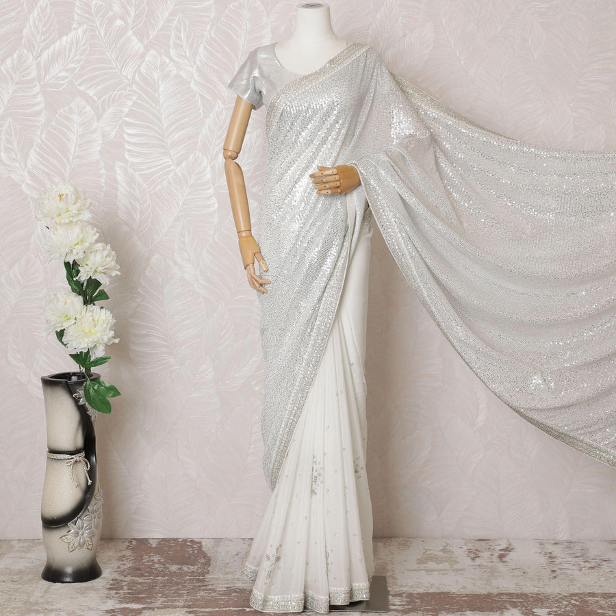 ساري من الشيفون الحريري الخالص باللون الأبيض الفاتح مع عمل بالترتر بتصميم مخطط-D16133