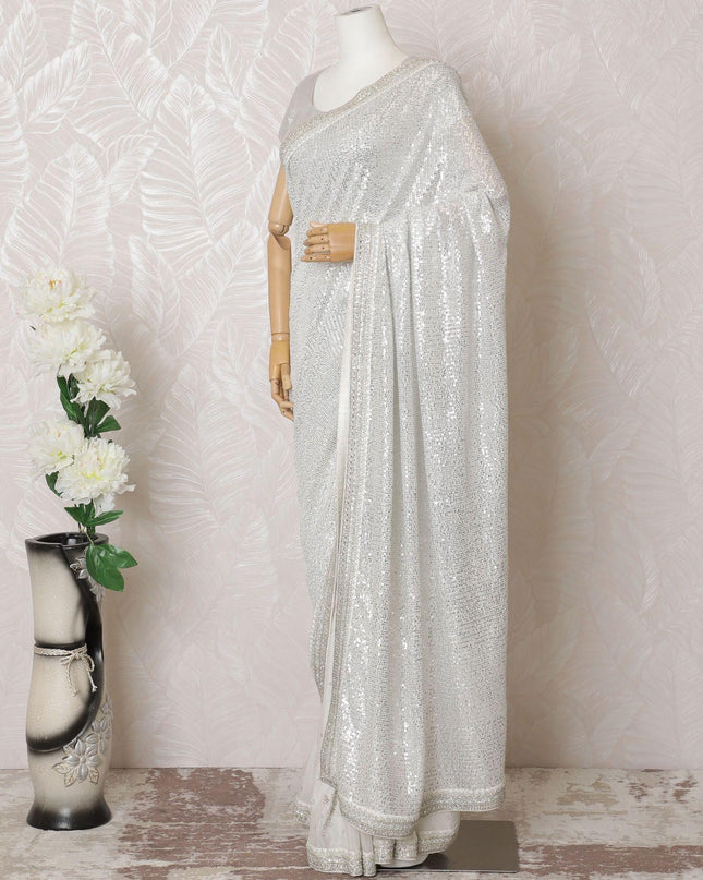 Off white Premium pure silk chiffon saree with sequin work in stripe design-D16133