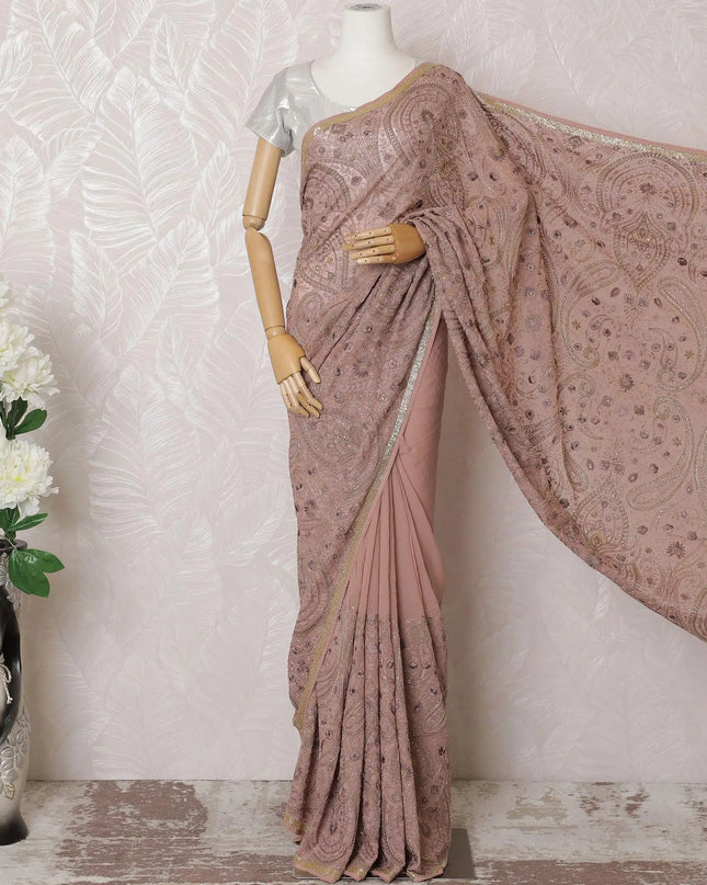 Rose pink Premium pure silk georgette kashmiri work saree having multicolor embroidery and stone work in paisley design-D16136 Regal Fabrics