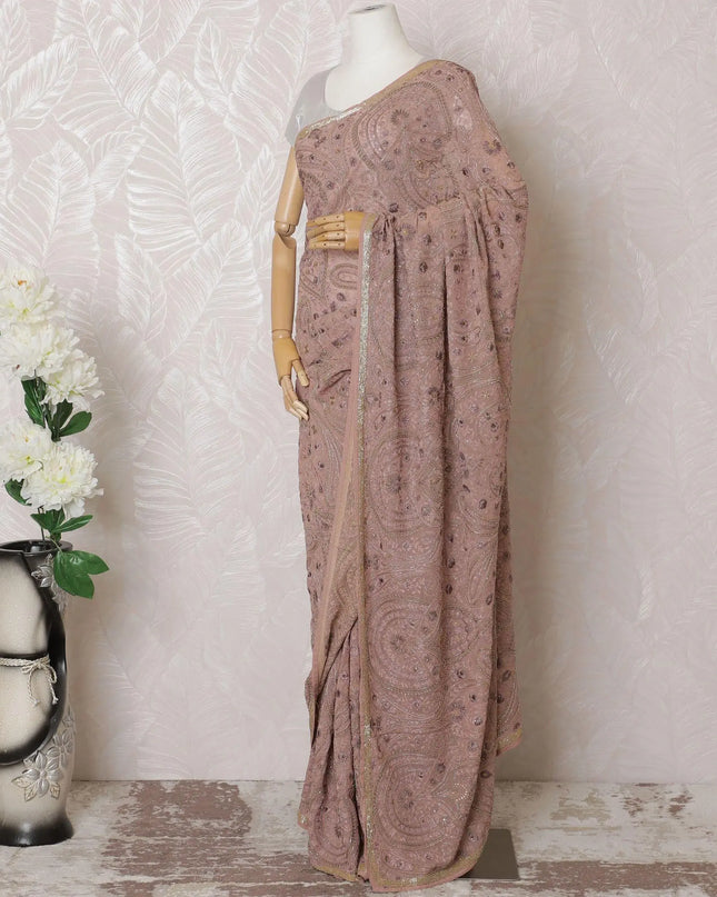 Rose pink Premium pure silk georgette kashmiri work saree having multicolor embroidery and stone work in paisley design-D16136 Regal Fabrics