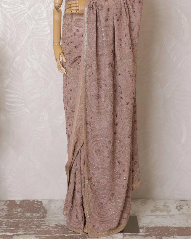 Rose pink Premium pure silk georgette kashmiri work saree having multicolor embroidery and stone work in paisley design-D16136 Regal Fabrics