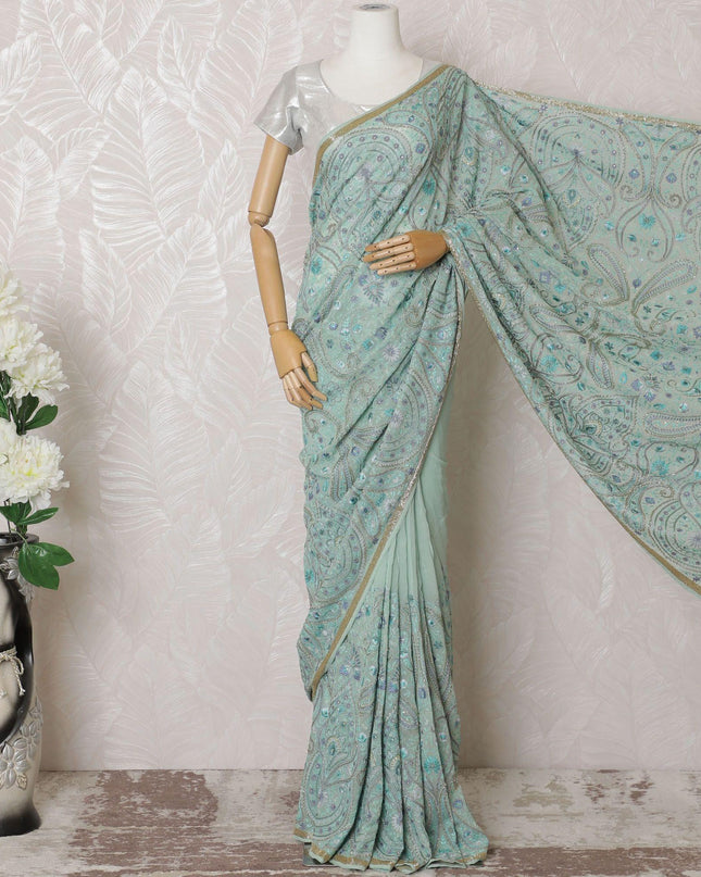Mint blue Premium pure silk georgette kashmiri work saree having multicolor embroidery and stone work in paisley design-D16137