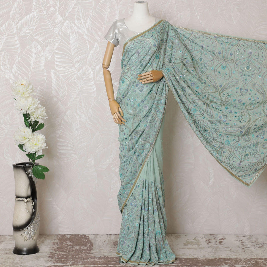 Mint blue Premium pure silk georgette kashmiri work saree having multicolor embroidery and stone work in paisley design-D16137
