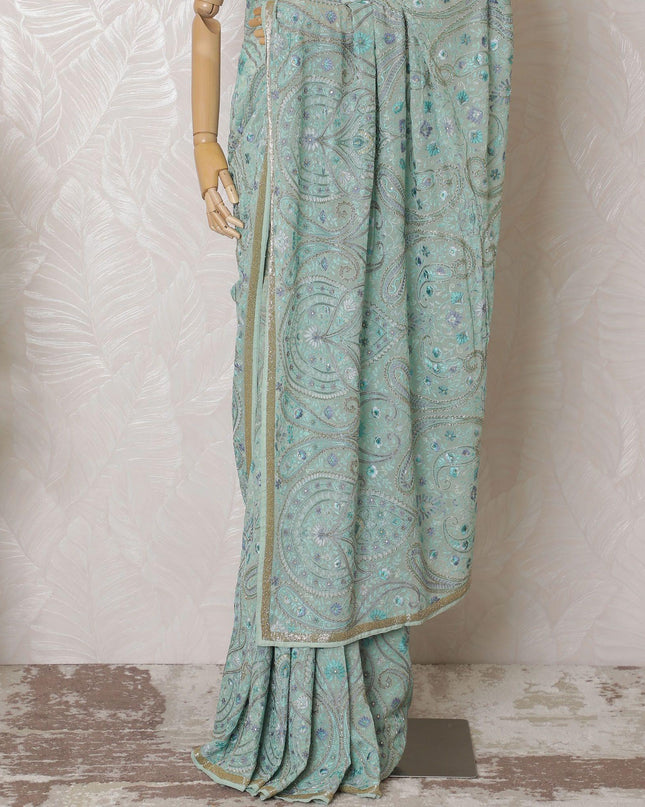 Mint blue Premium pure silk georgette kashmiri work saree having multicolor embroidery and stone work in paisley design-D16137