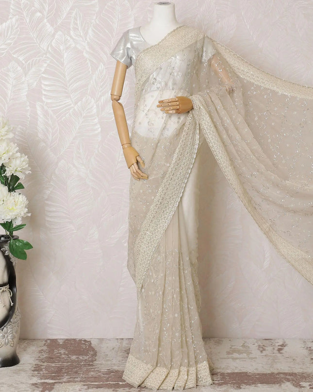 Cream Premium pure silk organza saree with multicolor sequin work, bead work in floral design-D16142 Regal Fabrics