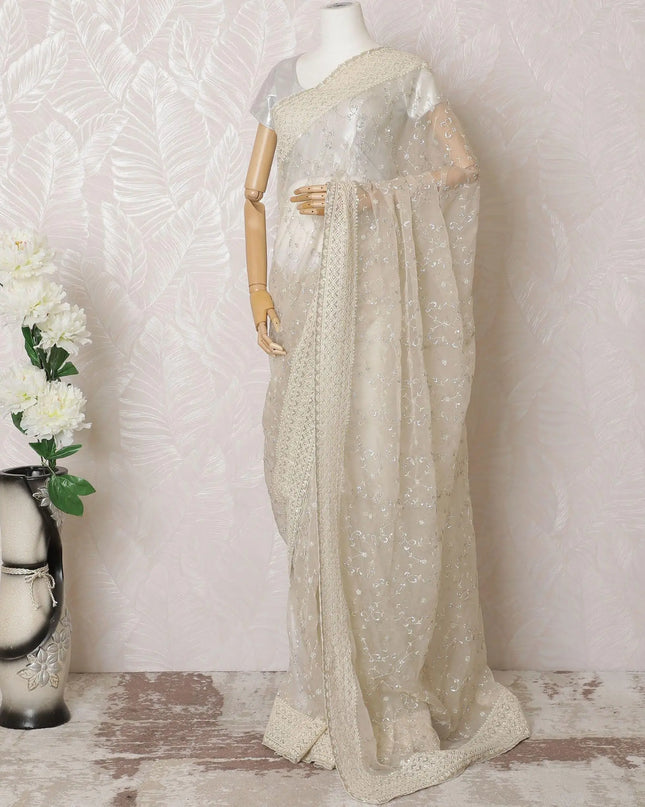 Cream Premium pure silk organza saree with multicolor sequin work, bead work in floral design-D16142 Regal Fabrics