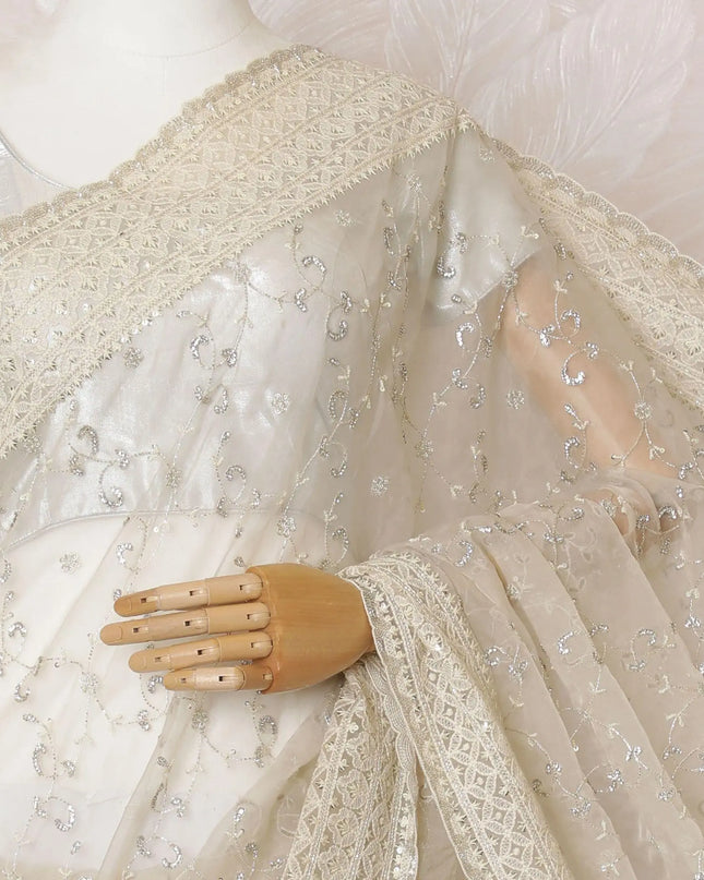 Cream Premium pure silk organza saree with multicolor sequin work, bead work in floral design-D16142 Regal Fabrics