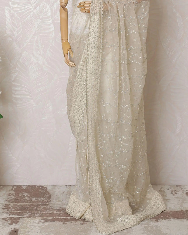 Cream Premium pure silk organza saree with multicolor sequin work, bead work in floral design-D16142 Regal Fabrics